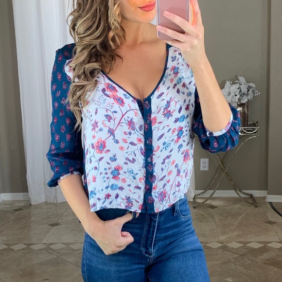 Ecote Tops - Ecote Black White Floral Button Up Peasant Blouse